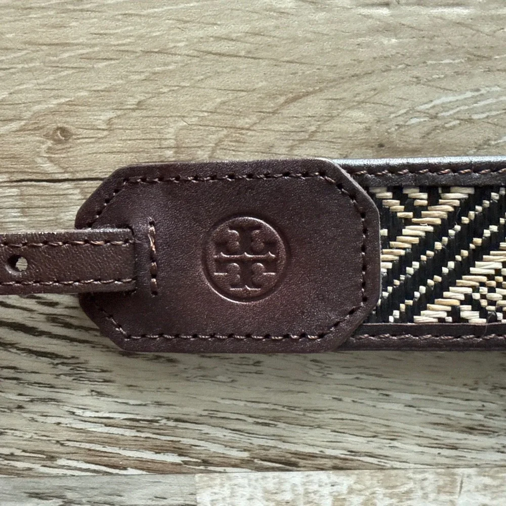 Tory Burch Boho Woven Leather Belt XS Brown Black Cream Geometric Gold Buckle